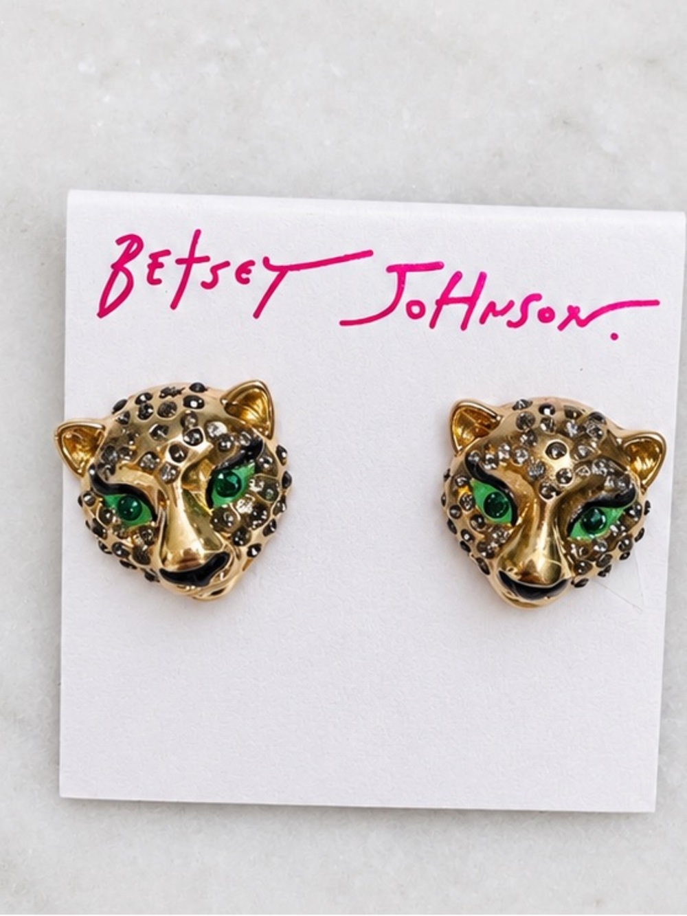 Betsey Johnson Gold Crystal Panther Head Earrings Green Eyes Studs NWT